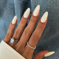 Chrome Press On Nails Almond, Glazed Pearl White Glue on Nails Medium Press Ons, Acrylic Natural Fit Stick on Nails in 12 Sizes - 24Pcs Fake Nail Kit for Women Daily & Party Wear