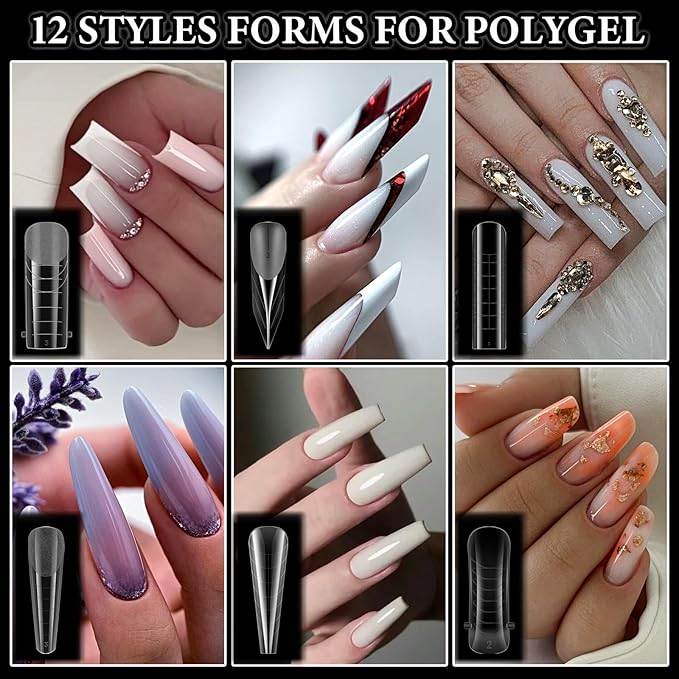 288Pcs Polygel Nail Forms Starter Kit 12 Style Poly Gel Nail Extension Molds Full Cover Dual Forms with Silicone Stickers Manicure Tools for Coffin Square Almond French Nail Art Designs