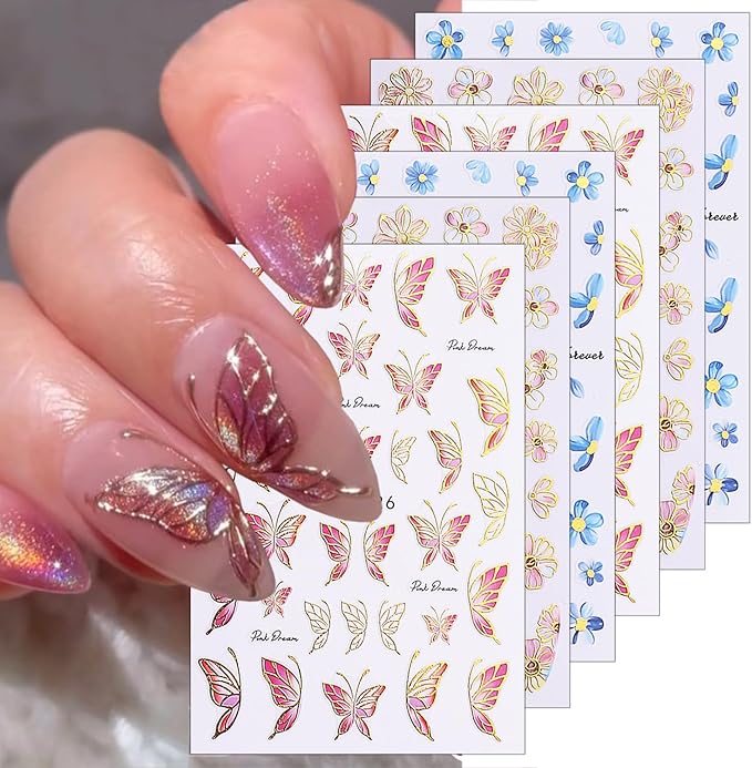 6 Sheets Spring Flower Nail Decals for Nail Art Gold Pink Butterfly Nail Stickers 3D Blue Flowers Nail Decals Self-Adhesive Summer Butterfly Nail Supplies for Women Girls DIY Nails Designs