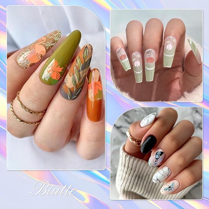 Biutee Nail Stamper Kit 16Pcs Nail Art Stamping Plate 8 Colors Stamp Polish Gel Silicone Stamper Scraper with Storage Bag, Nail Stamp Plates Love Flower Butterfly Leaf Template Holiday Design Gift