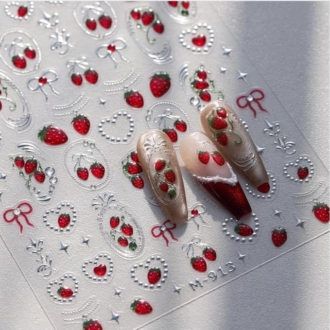 Cherry Nail Sticker Strawberry Nail Decals Silver Nails Art Stickers with Jerry Design 5D Embossed Fruit Nail Art Decal for Women Girls Kid Spring Summer Manicure Supply Decoration Accessories