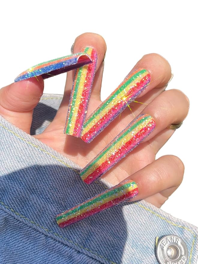 HAND-PAINTED White Press Ons Neon Small Press on Nails Long French Press on Nails Coffin Medium Short Nail art Fake Nail Art Kit with 7g Glue on Nails Handmade Almond Square Nails (Custom, J8)