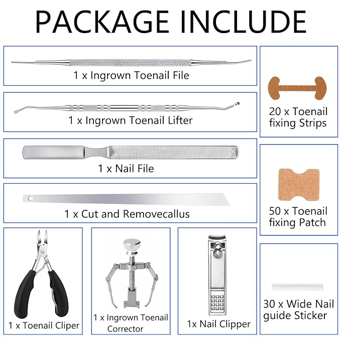 Professional Ingrown Toenail Correction Kit - Stainless Steel Ingrown Toenail Clippers, Correction Patches, Lifter & Tools for Ingrown Toenail Treatment, Home Pedicure Solution