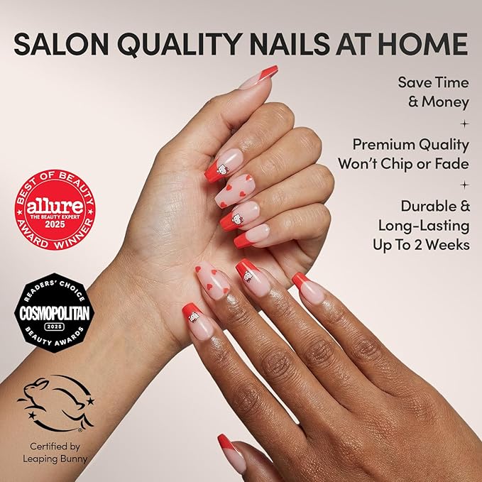 Glamnetic x Hello Kitty® and Friends Press On Nails - Hello Kitty® | Short Oval Red Graphic Fake Nails in a Velvet Finish | 15 Sizes - 30 Nail Kit with Glue