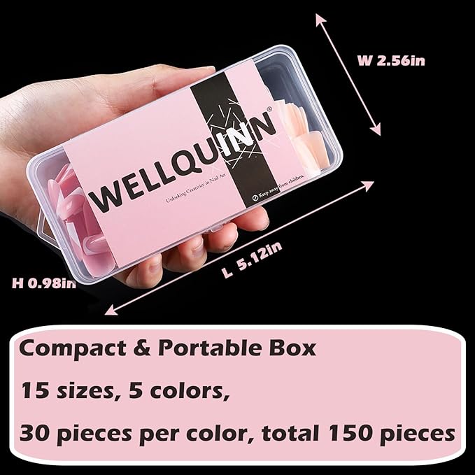 French Tip Press on Nails Short Square Full Cover Thick Fake Pre-shaped Acrylic Nail Tips, 5 Colors, Manicure Salon & DIY at Home 150 PCS 15 Sizes