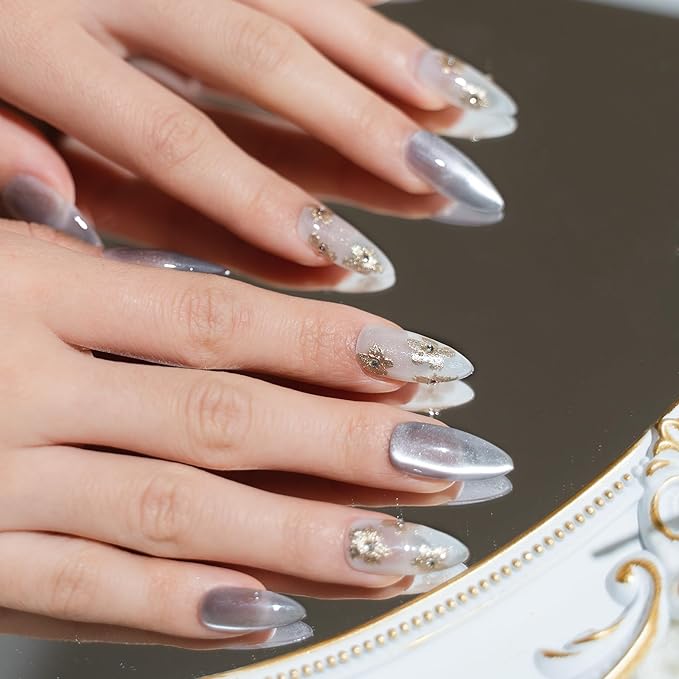 Sun&Beam Nails Handmade Press-on Long Amlond Blue White Gold Magnet Flower Minimalist Design Fashion False Nail Tips 10 Pcs Set (#215 XS)
