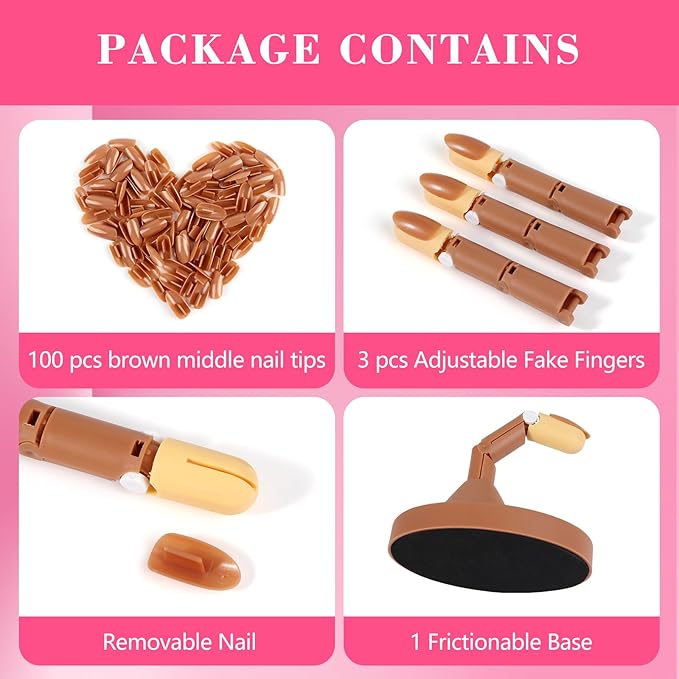 Practice Fingers Hand Acrylic Nails: 3PCS Fake Fingers to Practice Fake Nails - Manicure Acrylic Nail Hands Training Set with Base and 100PCS Brown Nail Tips for Nail Supplies