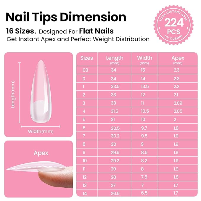 Beetles Tipex Instant Apex Nail Tips Kit – Stiletto Long, Pre-Building Pre-Etched Thick Acrylic Tips with Tipex Nail Glue, Dehydrator, Primer, Base & Top Coat, Mini UV Lamp 224PCS in 16 Sizes