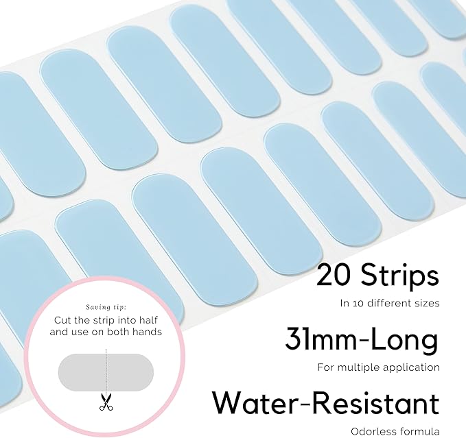 Semi Cured Gel Nail Strips - NAILOG 20 Pcs Blue Nail Stickers Extra Long Wraps with Glossy Gel Finishing for Summer, Baby Blue