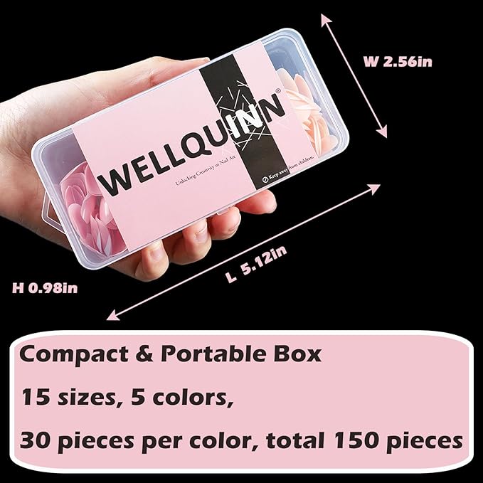 French Tip Press on Nails Short Almond Full Cover Thick Fake Pre-shaped Acrylic Nail Tips, 5 Colors, Manicure Salon & DIY at Home 150 PCS 15 Sizes