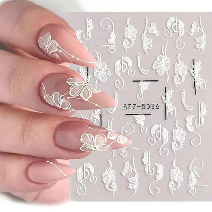 Flower Nail Stickers for Nail Art 5D Embossed Engraved Nails Decals 3D Spring Summer Accessories White Blue Self-Adhesive Nails DIY Design Decoration for Women Girls（6 Sheets