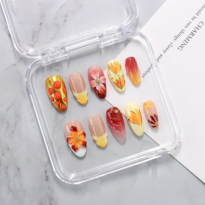 Handmade Press on Nails Fall Medium Almond Fake Nails Yellow Gradient Flower & Autumn Leaves Designs Full Cover Thickened Salon Quality False Nail French Acrylic Nails Stick on Nail for Women（Size M）