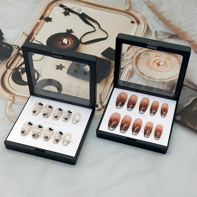 Press On Nail Packaging Boxes 3D Floating Press On Nail Storage Box Nail Display Box with 60pcs Double Sided Adhesive Nail Display Tape for Nail Tech (Black, 3.5 inch)