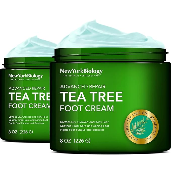 New York Biology Tea Tree Oil Foot Cream for Dry Cracked Feet, Athletes Foot, Nail Fungus, Jock Itch, Ringworm, Cracked Heels and Itchy Skin - Foot Cream - 8 oz - Pack of 2
