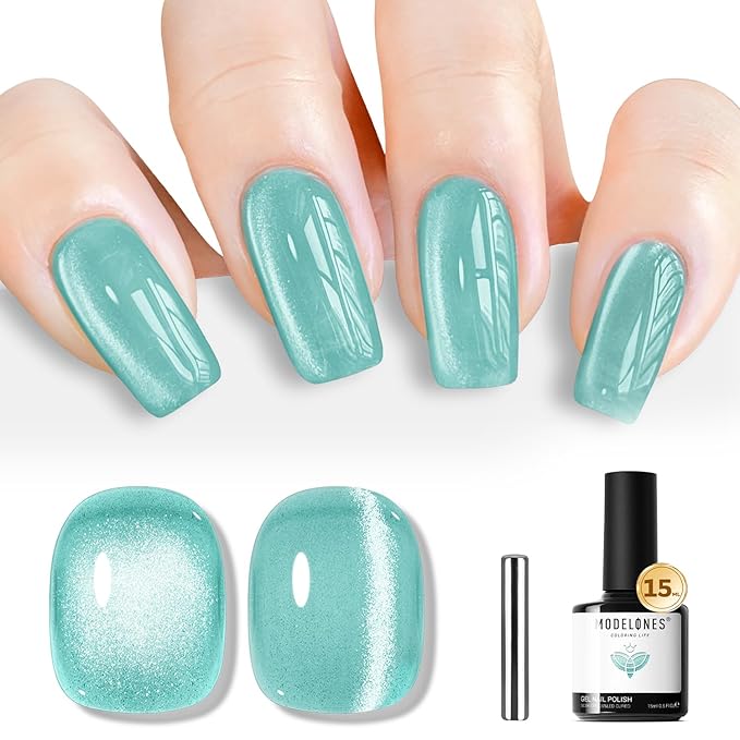 modelones Green Cat Eye Gel Nail Polish Blue Turquoise Gel Polish Jelly Glass with Magnet Holographic Glitter Shimmer Translucent Sheer Color Magnetic Nail Polish 15 ML