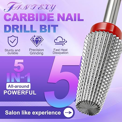 FANTEXY 3/32" Carbide Nail Drill Bits - 5 in 1 Cuticle Drill Bits for Nails, Gel Remover Drills Bit, Professional Nails File Bits for Old Skin and Nails, Manicure Pedicure Gel Polishing (Fine - F)
