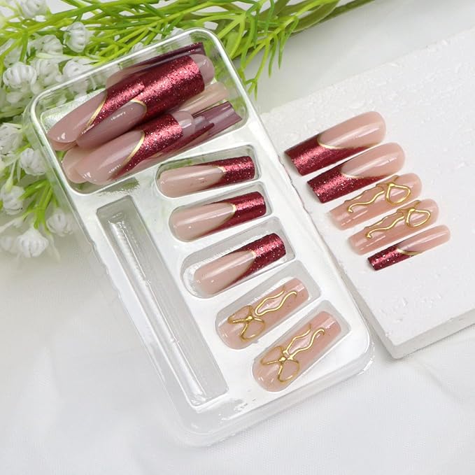 Long Press on Nails Square Fake Nails with Red Glitter French Tip Gold Line Bow Designs Nude Full Cover Glue on Nails Press ons Glossy Acrylic Stick on Nails for Women 24 Pcs