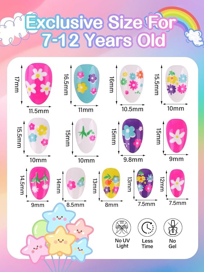 EBANKU 78 Pcs Press on Nail kids, Almond 3 Pack Children Fake Nail Kit Full Cover Short False Fingernails with Nail Glue for Girl Nail Decoration
