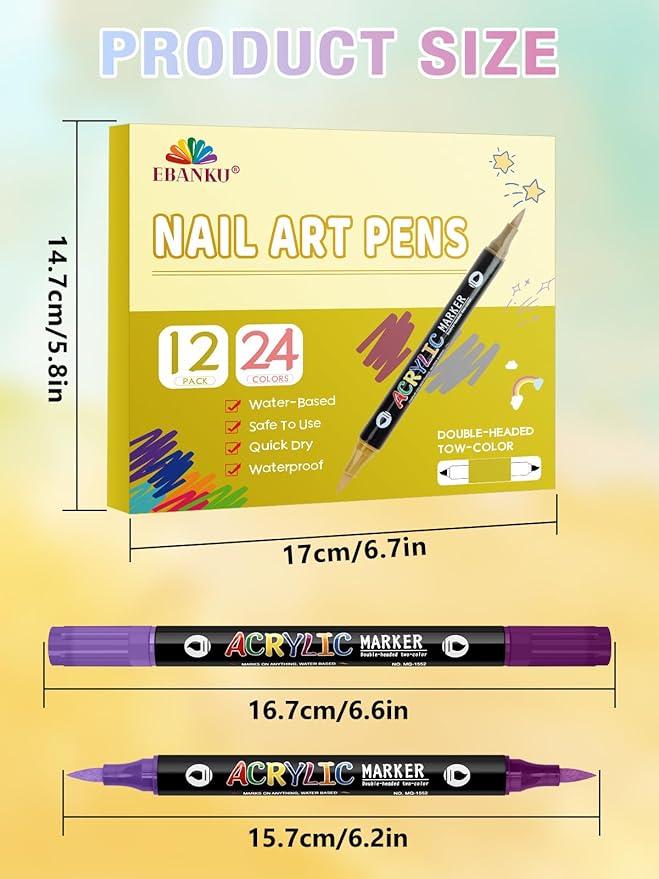 EBANKU 24 Colors Nail Art Pens Set, 3D Nail Polish Pens Quick-Drying Nail Art Markers Acrylic Paint Nail Point Graffiti Dotting Liner Pen No Squeeze Needed