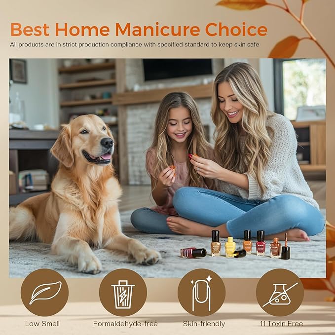Morovan Orange Nail Polish Set: 6 Gold Maple Leaf Nail Polish Kit 2025 Glitter Autumn Fingernail Pumpkin Yellow Burnt Orange Art Quick Dry Nail Regular Mini Bulk Manicurist Women Girls Gift