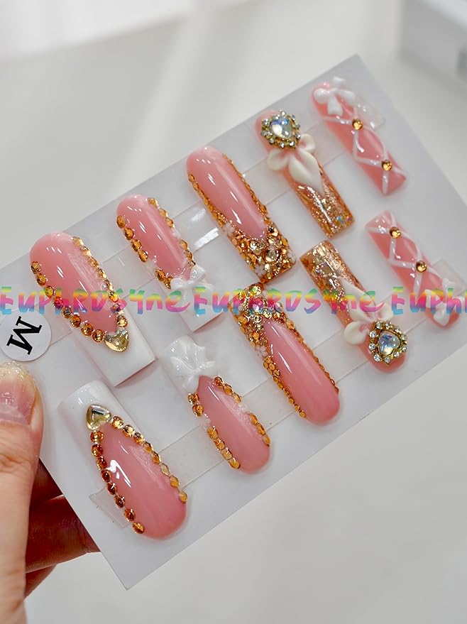 10PCS Nude Pink Press On Nails – Long Coffin Fake Nails with Rhinestone Borders, 3D Flowers & Bow Charms, Glossy Reusable Luxury Bridal Nails for Women and Girls – Euphrosyne