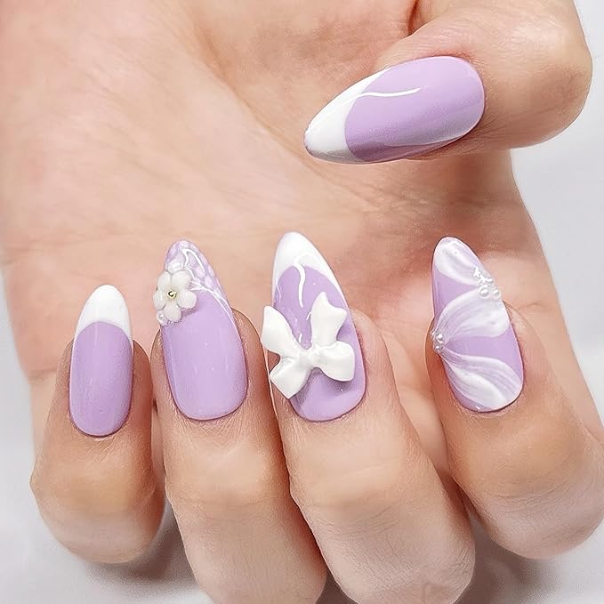 Handmade Press On Nails Medium Almond Pastel Purple with White French Tip, Flower Accents 3D Bow & More. Reusable Soft Gel Nails in 12 Sizes -24 Nail Kit with Glue| Designed in L.A| Lilac Lace