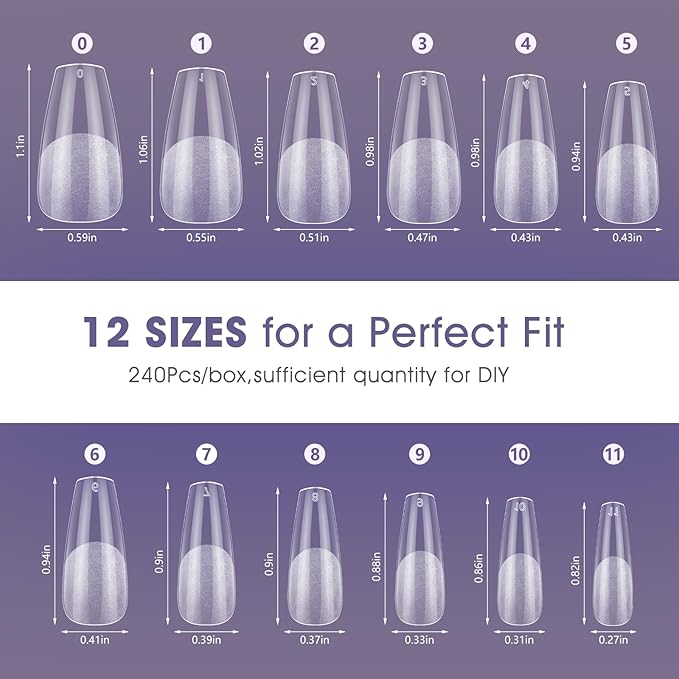 Medium Coffin Gel Nail Tips:240Pcs Half Matte Soft Clear False Nails Acrylic Coffin Full Cover Fake Nail Tips for Nail Extension Women Manicure DIY 12 Sizes
