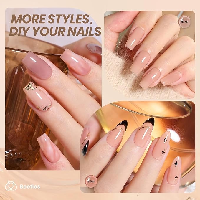 Beetles Nude Gel Nail Polish Set - 6 Colors Neutral Nude Jelly Gel Nail Polish Kit Sheer Transparent Effect Soak Off UV DIY Dusky Mocha French Nail Art Manicure Gifts for Women