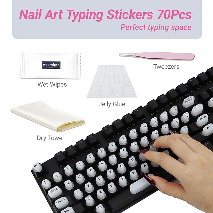 Raised Keyboard Stickers for Long Nails with Letters - Heart-Shaped Antistatic Silicone Protective Cover with Tweezers, Wet Wipes, Dry Towel & Jelly Glue, Ideal for Typing, Gaming & Nail Art (70 Pcs)