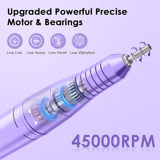 Professional Electric Nail Drill File, HUGMAPLE 45000RPM Portable E-File Machine with Bits & Base, Cordless Rechargeable Nail Drill Kit for Shaping, Removing & Polishing Gel Nails Salon Home (Purple)