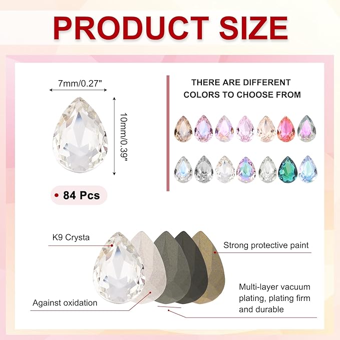 MECCANIXITY Teardrop Rhinestones 7x10mm, 84 Pcs Pointed Back K9 Glass Shiny Drop Shaped Rhinestones Crystal Gems for DIY Jewelry Making Crafts, Silver