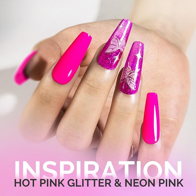 MelodySusie Thick Gel Nail Polish Set- 2 Pcs 15ML Hot Pink & Hot Pink Glitter Gel Polish Set Soak Off UV LED Christmas Gift for Women Nail Art Manicure Salon DIY Nail Design Decoration at Home