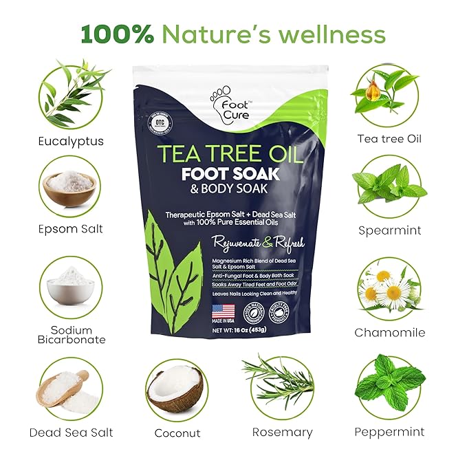 FOOT CURE Tea Tree Oil Foot Soak with Epsom Salt - Best Toenail Fungus Treatment, Athletes Foot & Softens Calluses - Soothes Sore & Tired Feet, Fungal Toe, Foot Odor Scent, Spa Pedicure (Pack of 2) | Tea Tree Oil, with Epsom Salt, Fungal Toe, Foot Odor...