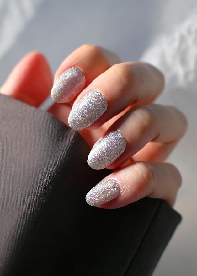 Semi Cured Gel Nail Strips, 20Pcs Long Lasting Salon Quality Wraps, Easy Apply & Remove Gel Nail Stickers with UV Light (Prismatic Silver)