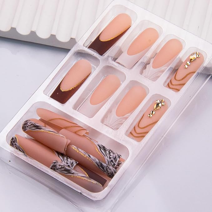 Brown Press on Nails Long Square Fake Nails French Tip False Nails Press ons Fall Stripes Acrylic Nails Matte Full Cover Stick on Nail for Women Manicure Deco 24Pcs