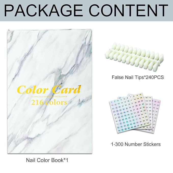 216 Nail Colors Book,Professional Nail Polish Chart Book with 240 Practice Tips & 1-300 Number Labels, Pre-Numbered Slots,Perfect for Salons and Home Use(Marble)