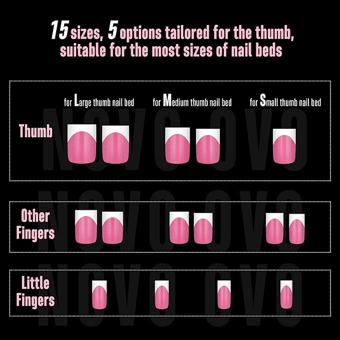 NOVO OVO Short Sharp Square White French Tip Nail Tips Press on ROSE PINK, Need Builder Gel Top Coat Nail Glue, Soft Gel Fake Nail Extension, Full Cover False Nails for Salon DIY x 15 Sizes 240 pcs