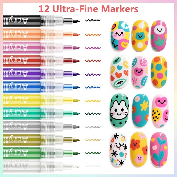 12 Colors Nail Art Pens Set, 3D Nail Polish Pens Quick-Drying Acrylic Paint Markers,For Nail Art Drawing Painting Nail Point Dotting Liner Pen, Nail Design Kit Manicure Tools Home & Salon DIY