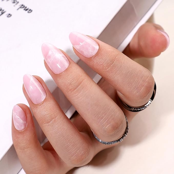 Gel Press On Nails Short- Almond Press On Nails, Short Fake Nails with Marble Designs, Artificial Nails 16 Sizes - 32Pcs Reusable Soft Gel False Nails Tips Kit，Glue On Nails Short