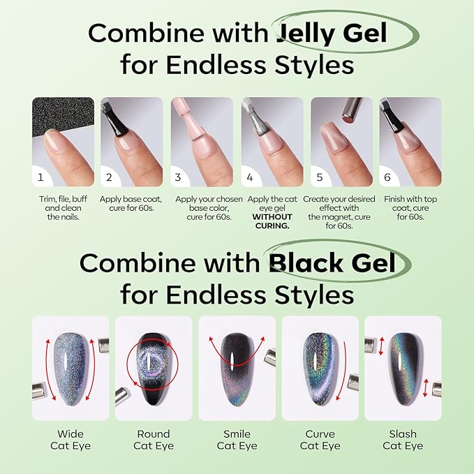 modelones Green Cat Eye Gel Nail Polish Glassy Magnetic Glitter Holographic Mint Green Grape Reflective Translucent Gel Polish Jelly Translucent UV Gel Manicure 15 ML