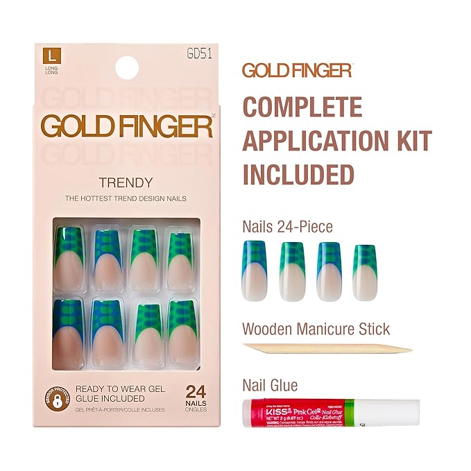 GoldFinger 24 Pcs Press On Nails, Long Square Fake Nails, Blooming French Tip Gel Stick On Extensions, Reusable Full Cover False Nail Kit with Glue, Manicure Stick & File, 7 Day Long Lasting Wear
