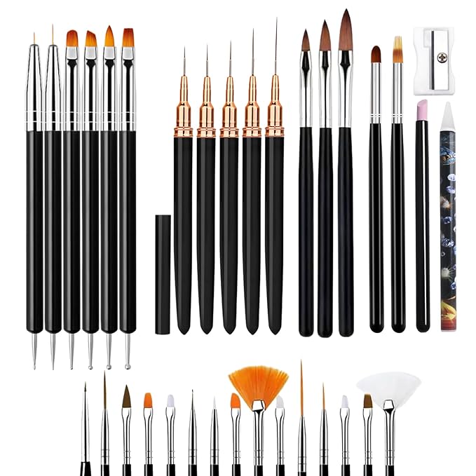 LIGHT RAIN 34Pcs Nail Art Brush Set - Complete Kit with Dotting Tool, Liner Brushes, Acrylic Brushes, Ombre Brush, Cuticle Tool, Rhinestone Picker Pencil for Beginner to Pro Nail Design