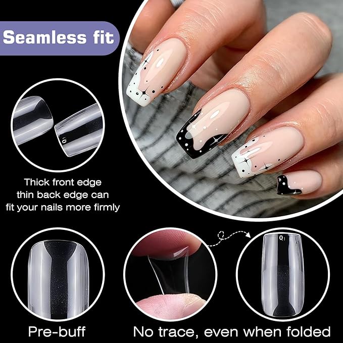600pc Medium Square Nail Tips Fake Nails Press on Nails Clear Nail Tip Full Cover False Nails Artificial Fingernail, 12 Size Soft Gel Nail Tips Square for Acrylic Nail Gel Nail Extensions