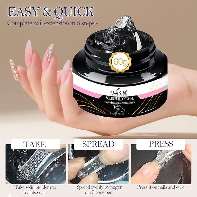 NAILGIL Solid Sculpture Builder Gel, Non-Stick Hand Nail Extension Gel for 3D Carving Decoration Soak Off UV LED Nail Art Salon, 60g(2.1fl oz), Clear