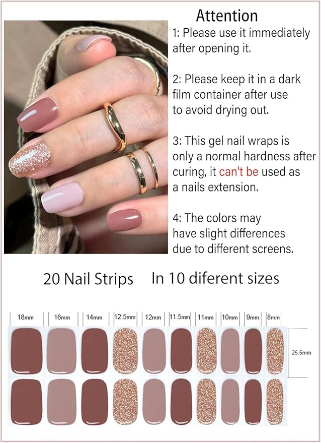 Semi Cured Gel Nail Strips, Camel Glitter 20pcs Adhesive UV Sticker, Wraps for Home Manicure DIY