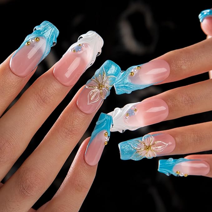 LOVFUL Short French Tip Press on Nails Glacial Blue | Handmade Acrylic Press ons| Reusable Fake False Nails | Square Classic Regular 1.3in | H714-S
