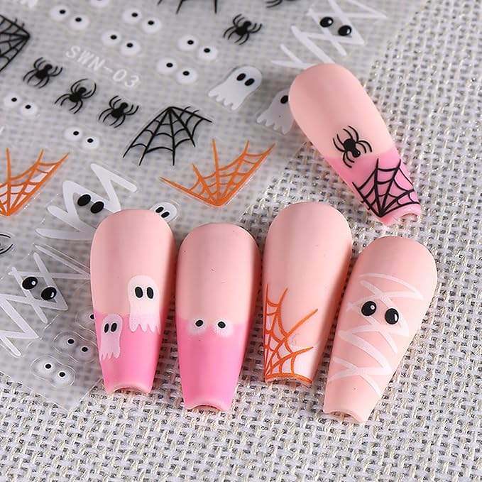 Halloween Nail Art Stickers Decals Ghost Pumpkin Spider Nails Sticker 5D Embossed Skull Hand Nails Decals Self-Adhesive Spider Web Eye Nail Art Decal for Women Halloween Decor
