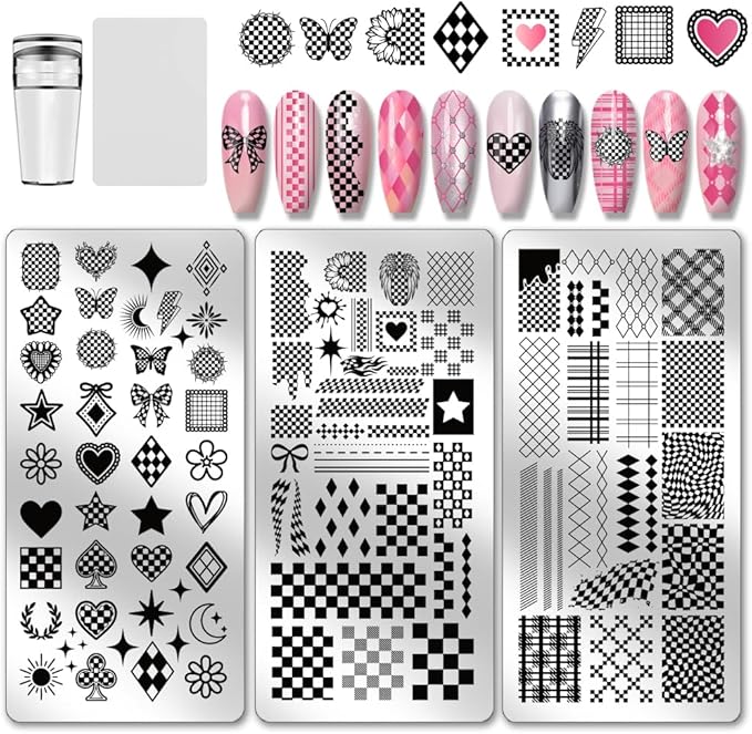 PH PandaHall 3pcs Plaid Nail Stamping Plates Checkerboard Nails Art Stencils Tartan Nail Art Templates Hart Star Image Plates for Women Manicures Salon Design