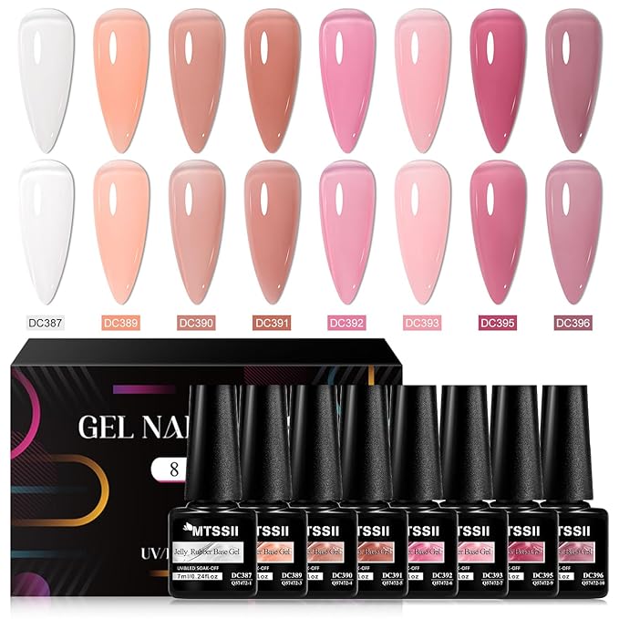 MTSSII Jelly Nude Rubber Base Gel Nail Kit, 8 Colors Clear Pink Crystal Translucent Color Construction UV Gel Semi Permanent Soak Off UV LED Varnish