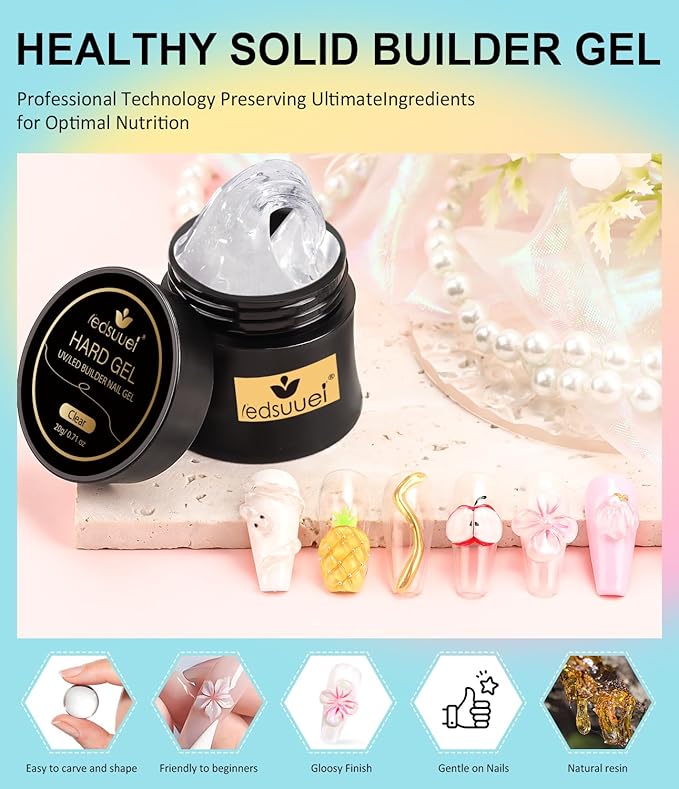 Solid Builder Gel for Nails LEDSUUEI - Clear 3D Nail Gel Sculpting Non-Sticky Hand Carving Glue Extension with 96PCS Extension for Manicure Salon Home Decoration DIY 20g
